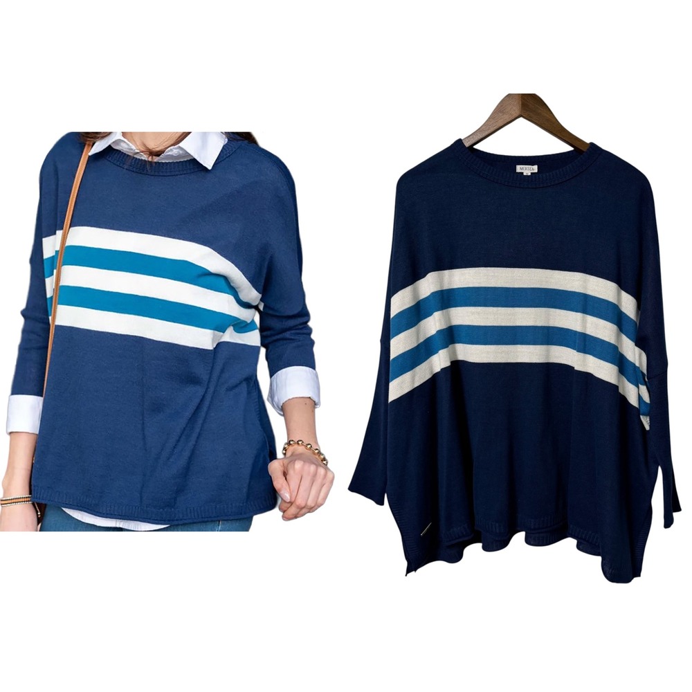 Mersea Sweater Womens OS Oversized Navy Blue Striped Crew Neck Catalina Knit